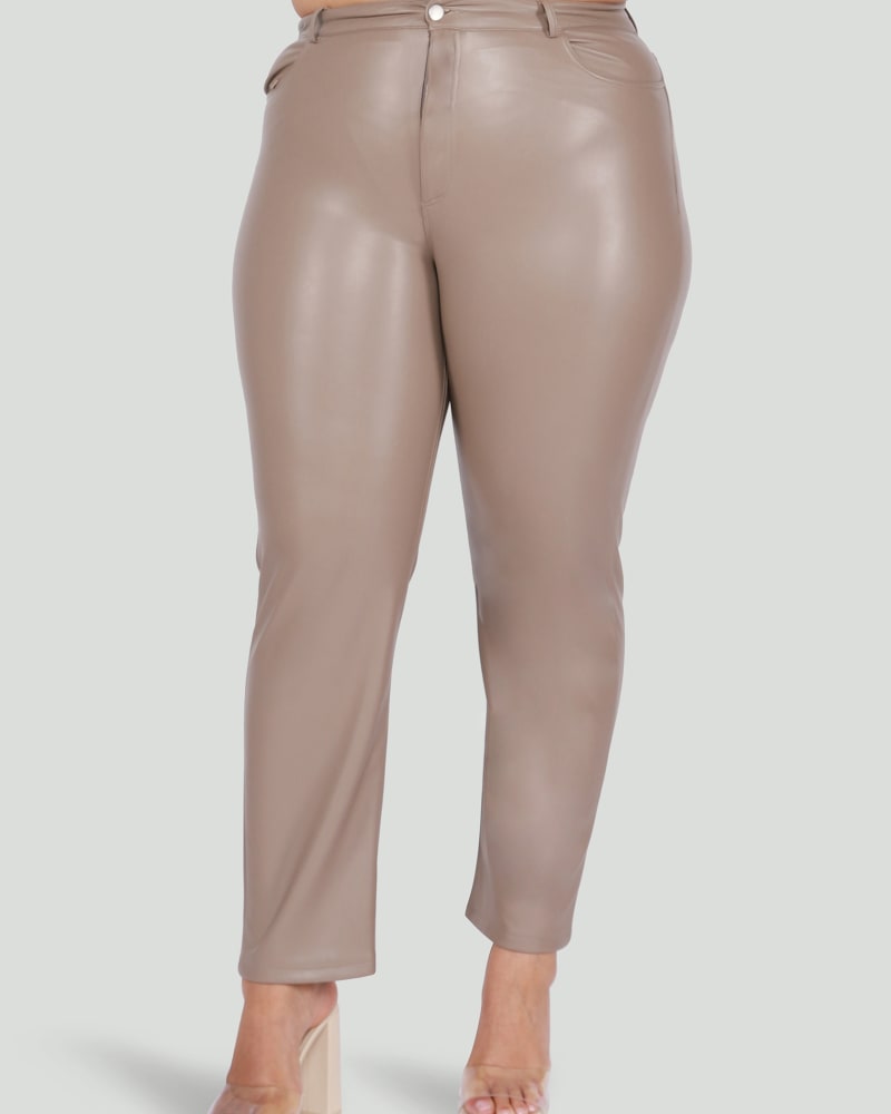 Front of a model wearing a size 1X Melinda Faux Leather Straight Leg Trouser in Pale Taupe by DEX PLUS. | dia_product_style_image_id:260565